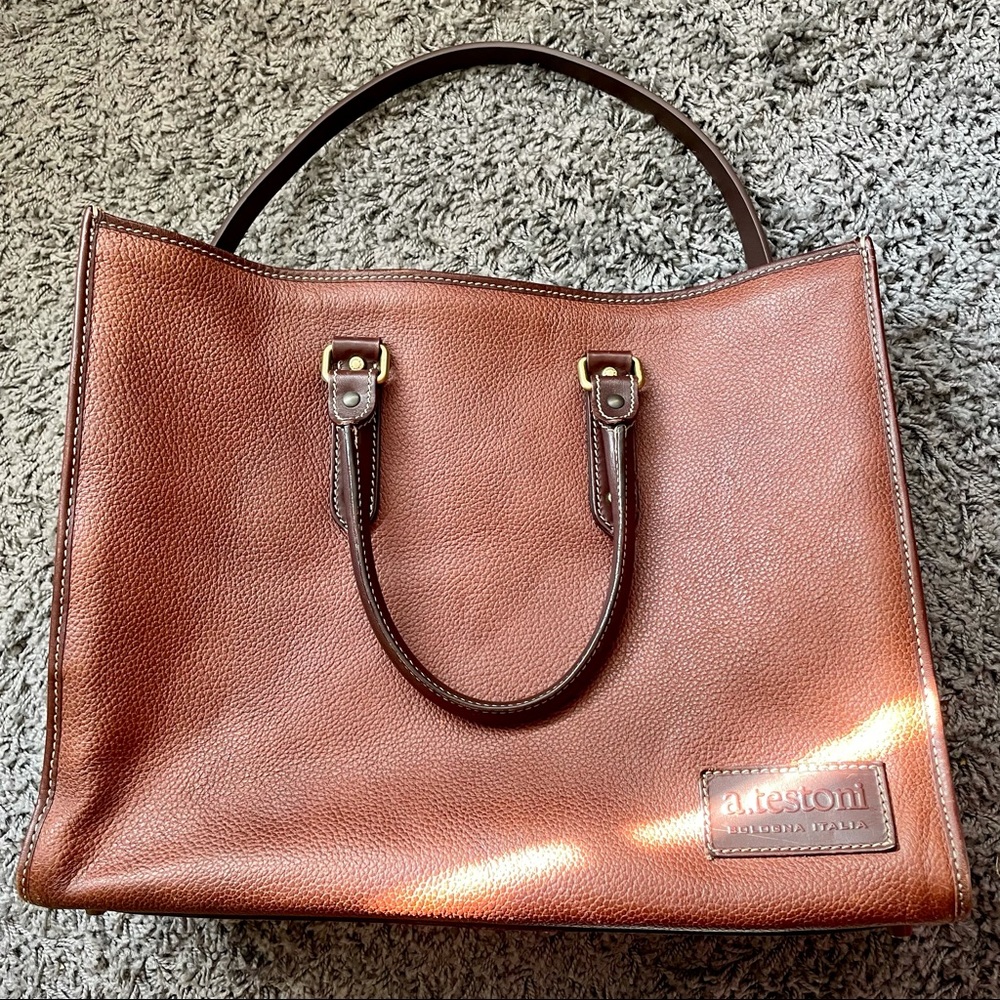 Authentic A. Testoni Italian Luxury Leather Handbag Shoulder Bag Brown Vintage